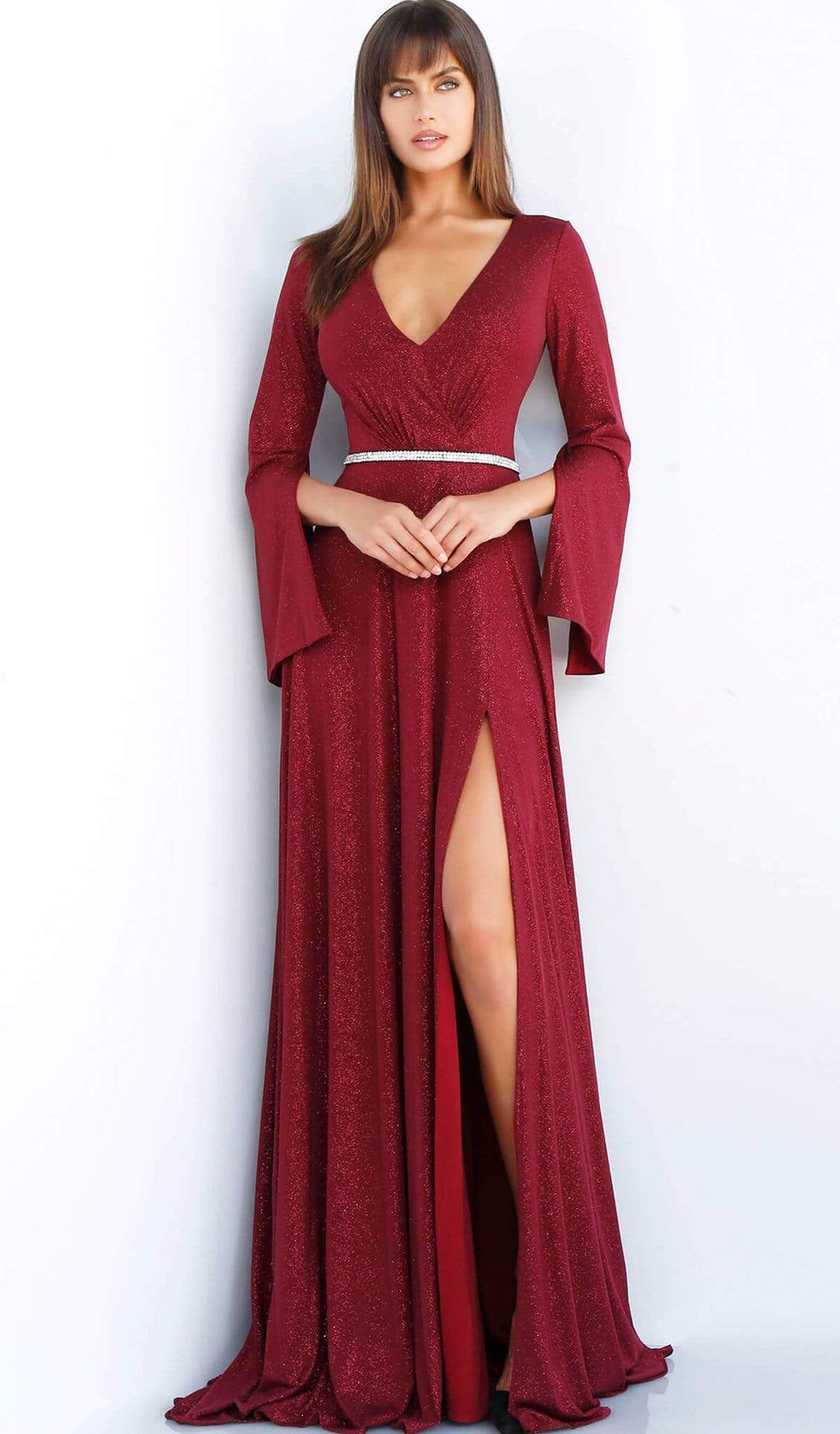 Image of Jovani - 63124 Split Long Sleeve Glitter High Slit Gown