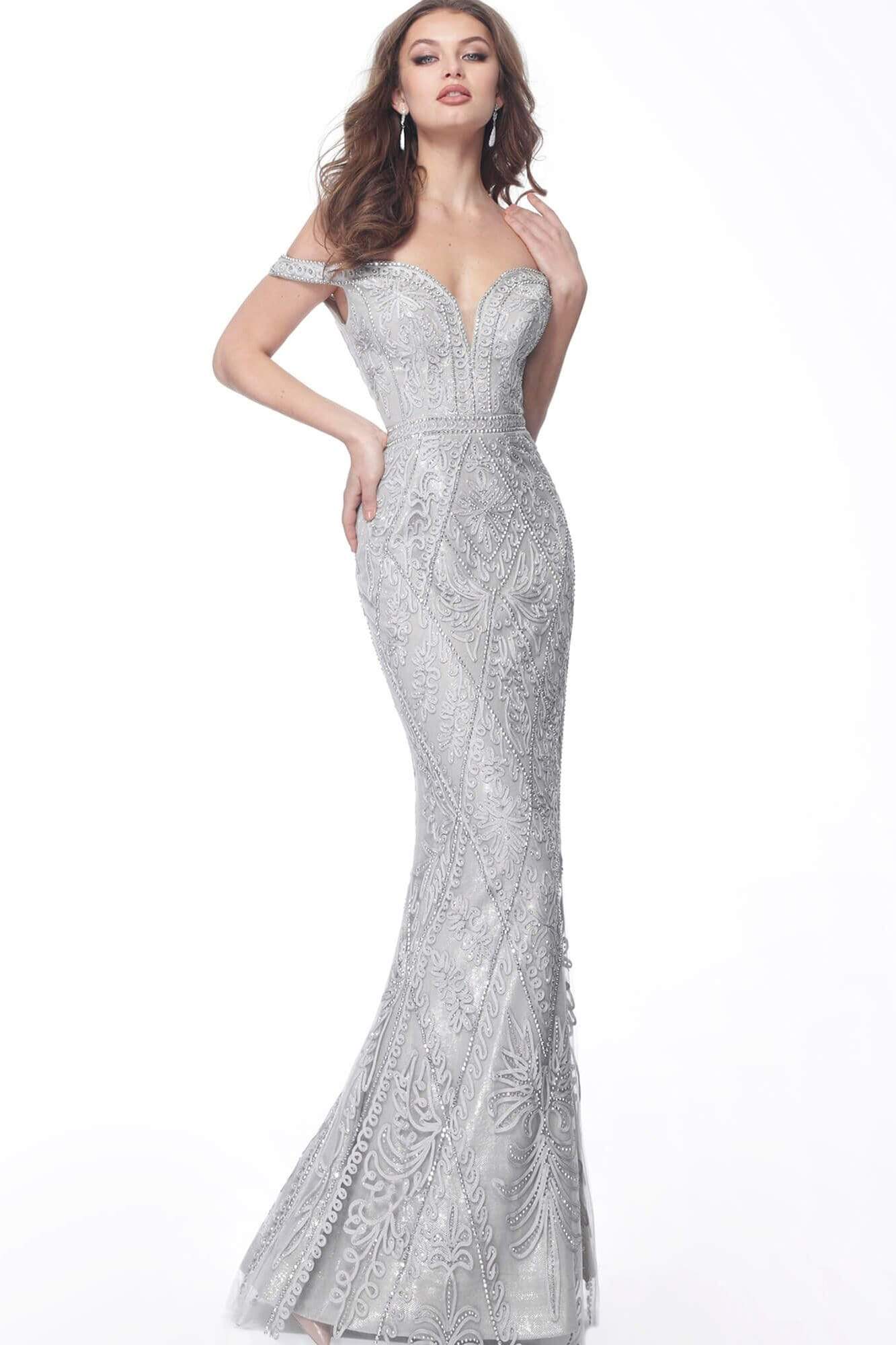 Image of Jovani - 68130 Embroidered Deep Off-Shoulder Trumpet Dress