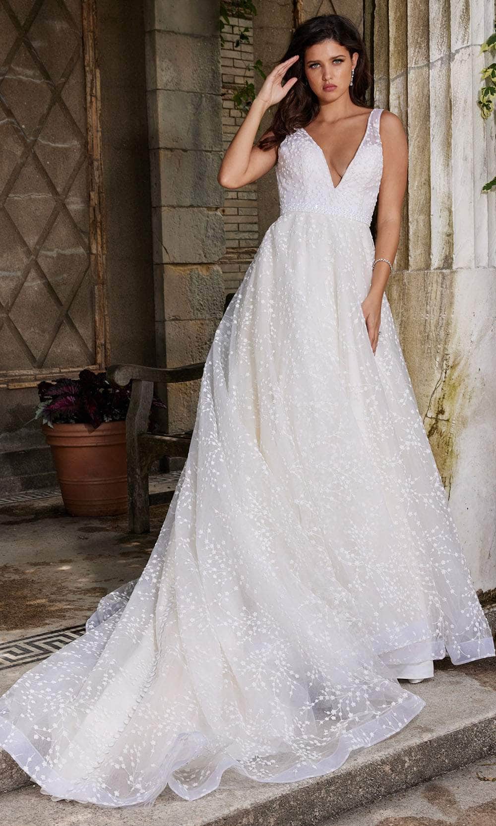Image of Jovani Bridal JB09491 - V-Neck Belted Waist Bridal Gown