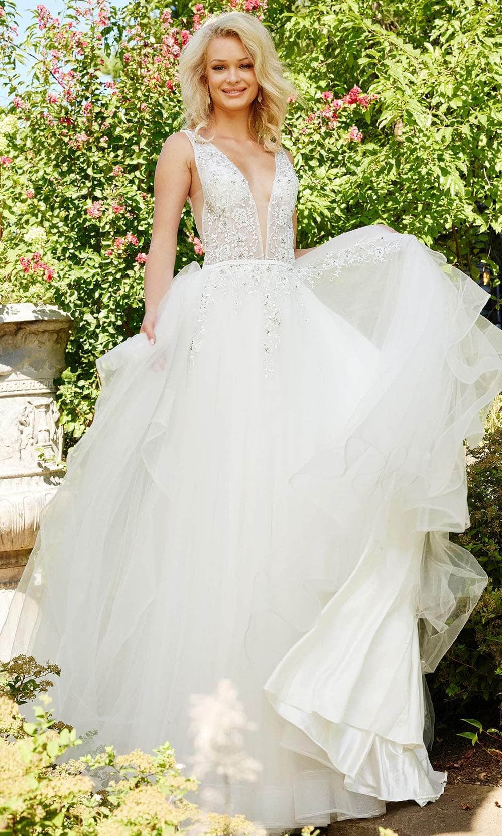 Image of Jovani Bridal JB3500 - Plunging Floral Beaded Bridal Gown