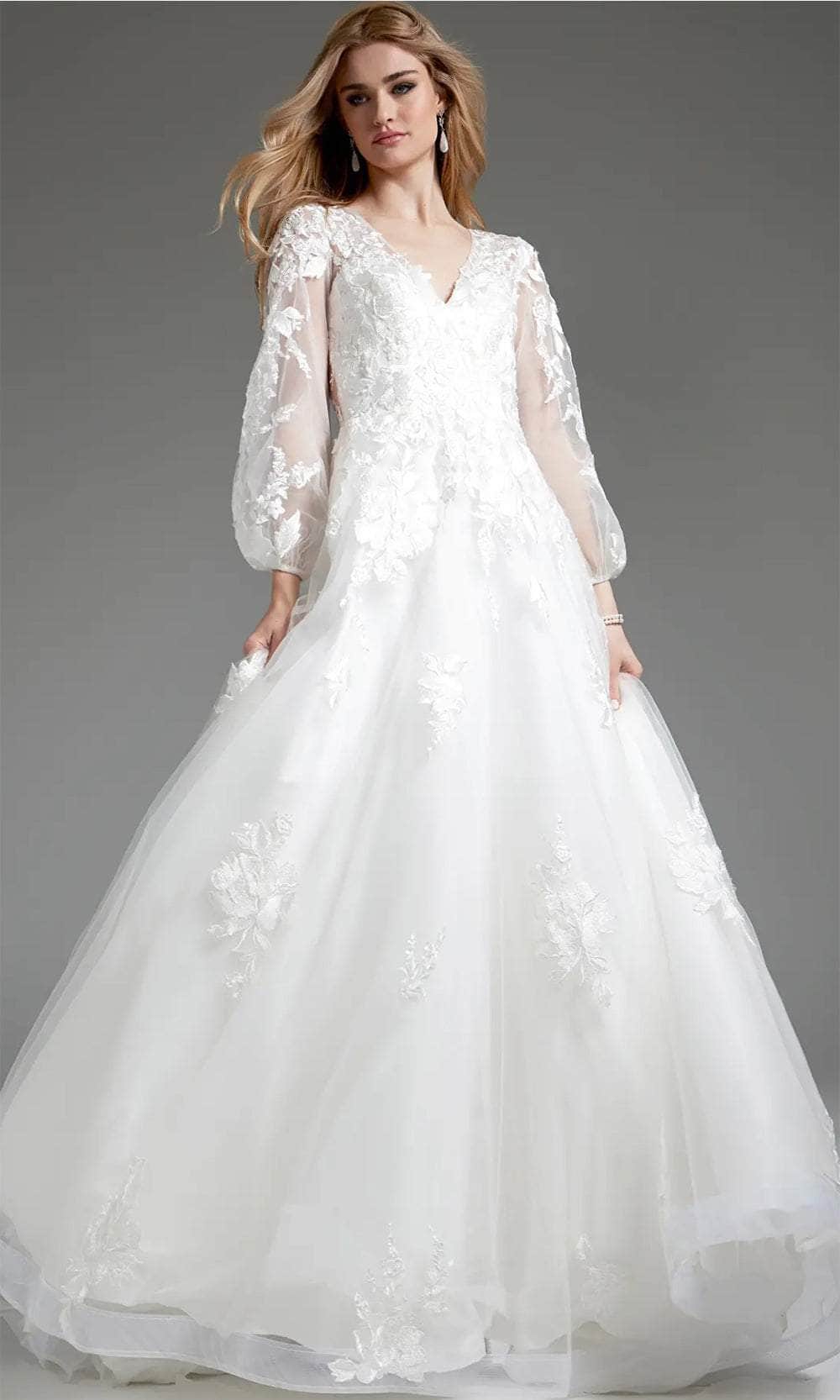 Image of Jovani JB25731 - Applique Bishop Sleeve Bridal Gown