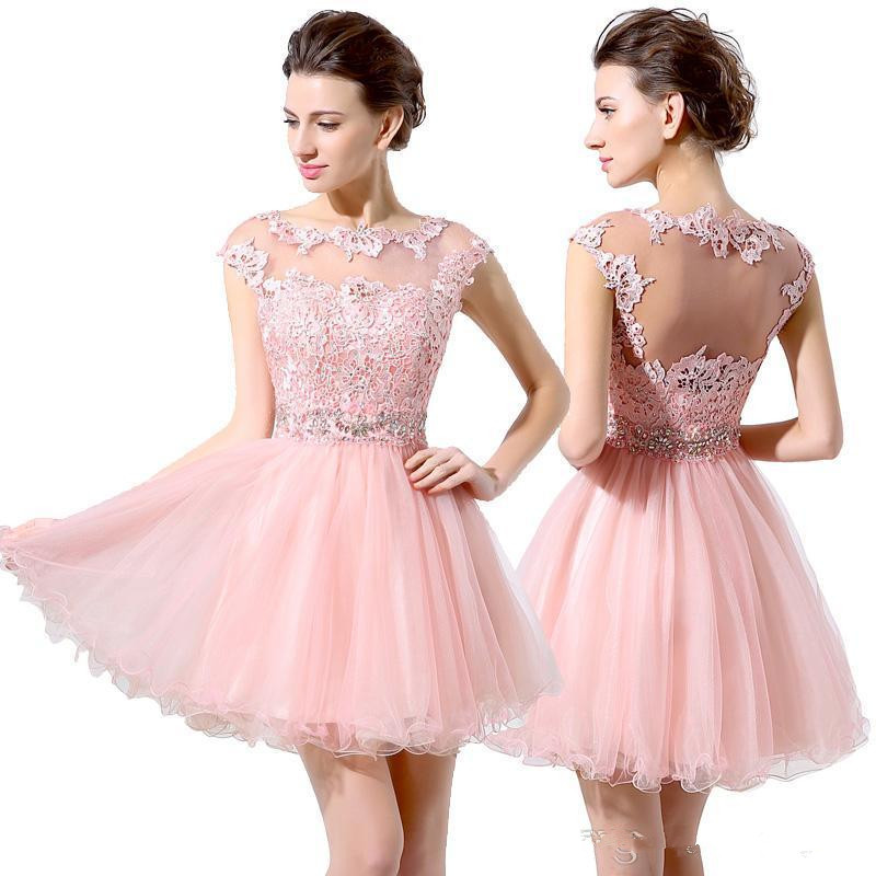 Image of Junior 8th Grade Party Dresses Cute Pink Short cocktail A-Line Mini Tulle Lace Beads Cap Sleeves Bateau Homecoming