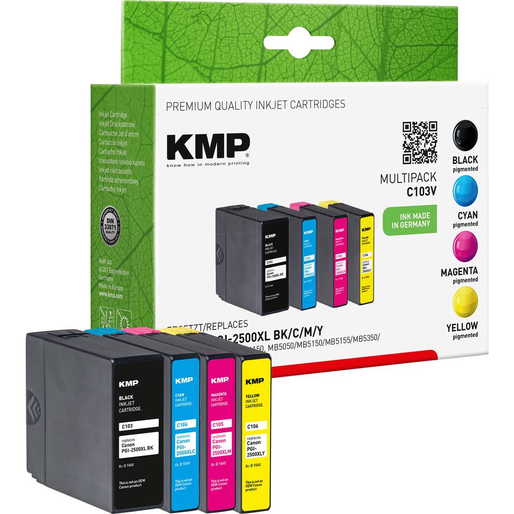 Image of KMP Ink replaced Canon PGI-2500BK XL PGI-2500C XL PGI-2500M XL PGI-2500Y XL Compatible Set Black Cyan Magenta