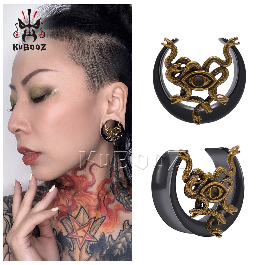 Image of KUBOOZ Stainless Steel Black Notched Snake Eye Ear Plugs Tunnels Piercing Body Jewelry Earring Gauges Stretchers Expanders Wholesale 8mm to 25mm 42PCS