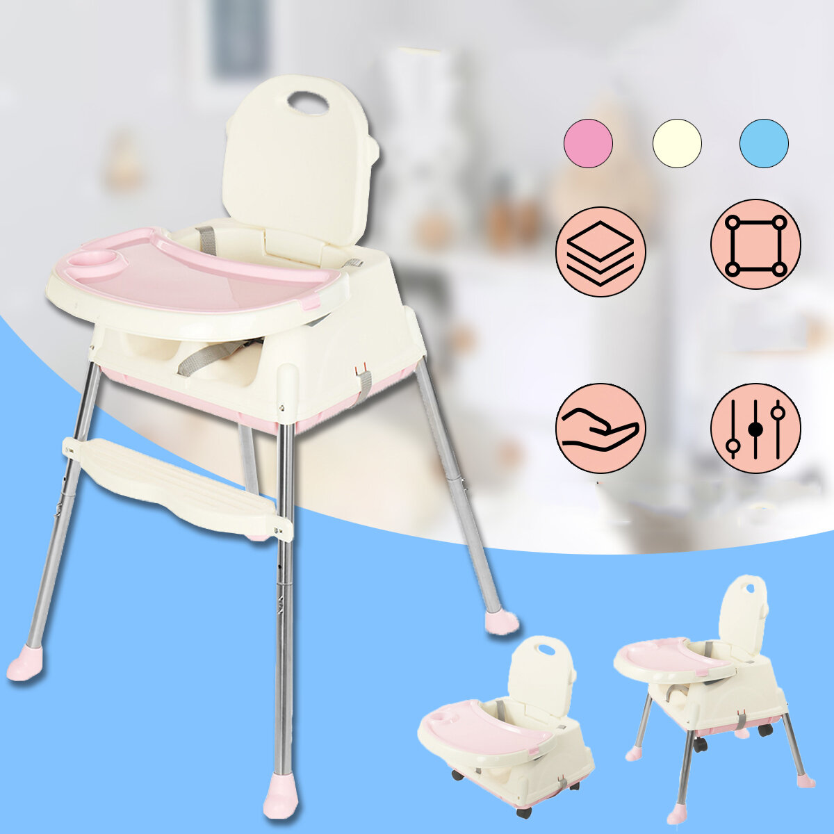 Image of KUDOSALE 3 in 1 Adjustable Baby High Chair Table Convertible Play Seat Booster Toddler Feeding with Tray Wheel