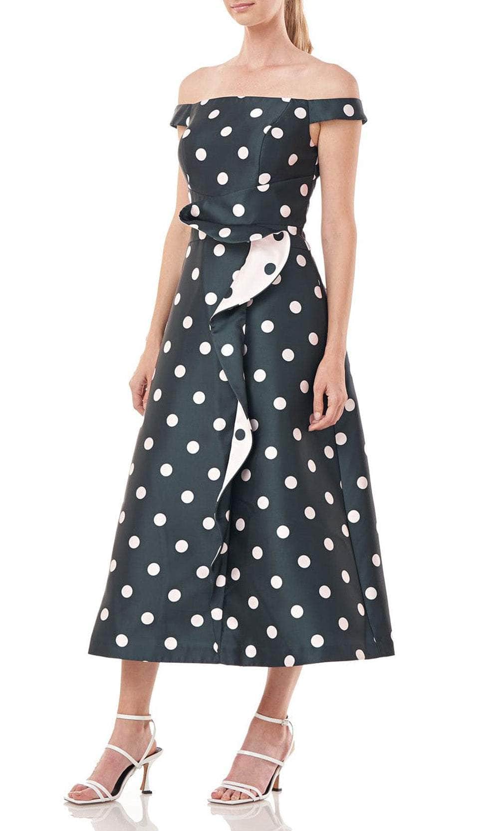 Image of Kay Unger 5517419 - Off-Shoulder Polka Dot Printed Tea-Length Dress