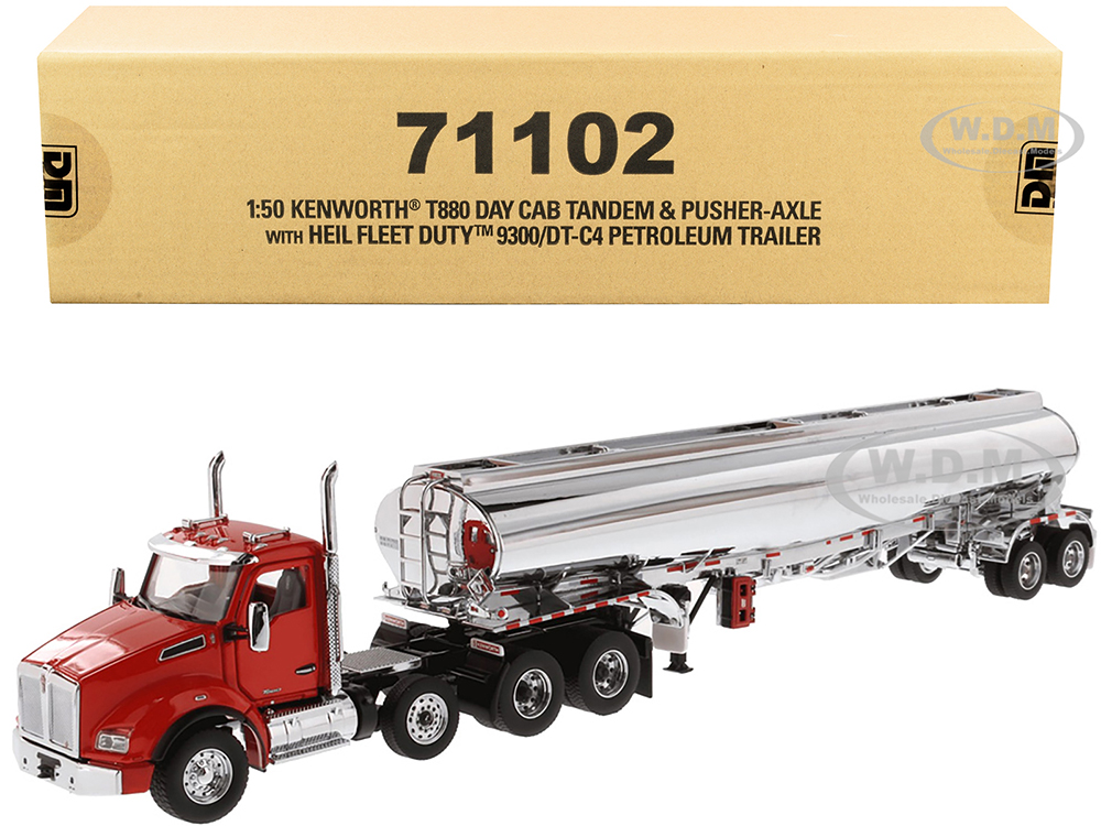 Image of Kenworth T880 Day Cab Tandem Truck with Pusher-Axle and Heil Fleet Duty 9300/DT-C4 Petroleum Tanker Trailer Red and Chrome "Transport Series" 1/50 Di