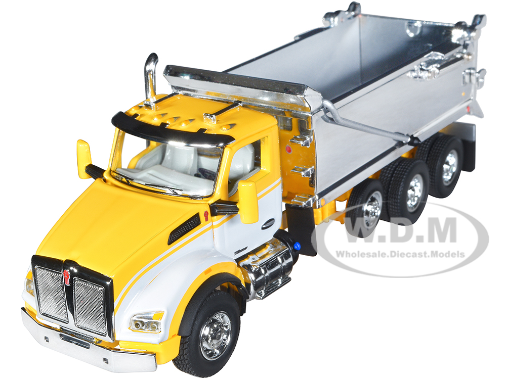 Image of Kenworth T880 Day Cab with Rogue Transfer Dump Body Truck Yellow with White and Chrome 1/64 Diecast Model by DCP/First Gear