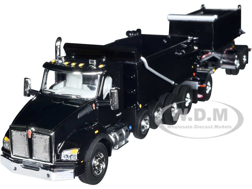 Image of Kenworth T880 Quad-Axle Dump Truck and Rogue Transfer Tandem-Axle Dump Trailer Black 1/64 Diecast Model by DCP/First Gear