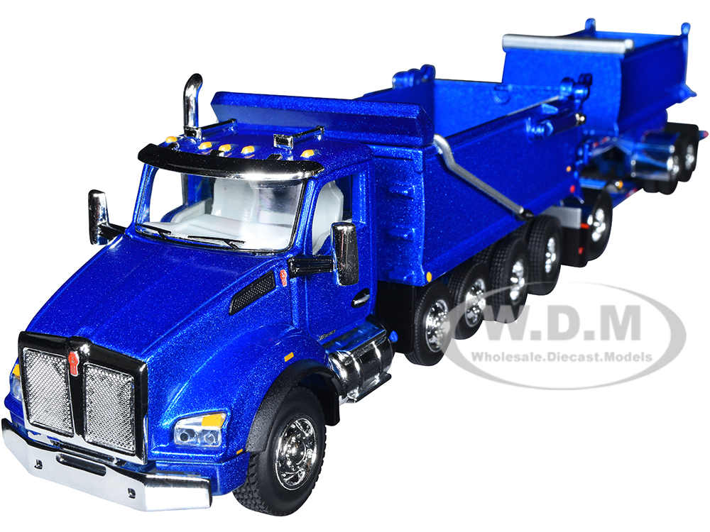 Image of Kenworth T880 Quad-Axle Dump Truck and Rogue Transfer Tandem-Axle Dump Trailer Surf Blue Metallic 1/64 Diecast Model by DCP/First Gear