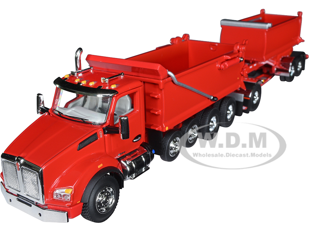 Image of Kenworth T880 Quad-Axle Dump Truck and Rogue Transfer Tandem-Axle Dump Trailer Viper Red 1/64 Diecast Model by DCP/First Gear