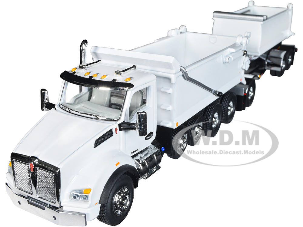 Image of Kenworth T880 Quad-Axle Dump Truck and Rogue Transfer Tandem-Axle Dump Trailer Viper White 1/64 Diecast Model by DCP/First Gear
