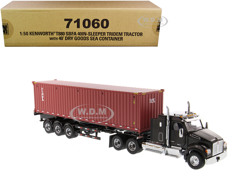 Image of Kenworth T880 SBFA 40" Sleeper Cab Tridem Truck Tractor Black Metallic with Flatbed Trailer and 40 Dry Goods Sea Container "TEX" "Transport Series" 1