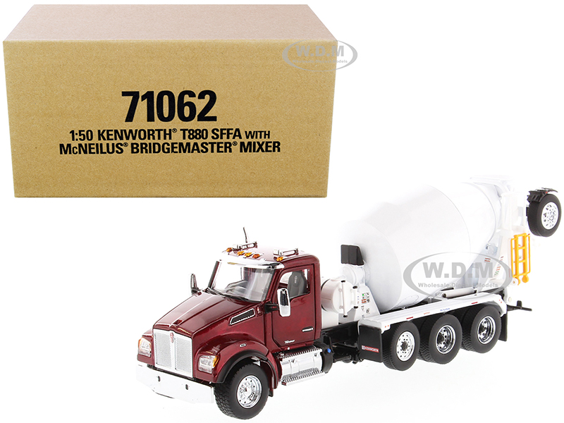 Image of Kenworth T880 SFFA with McNeilus Bridgemaster Mixer Truck Radiant Red and White 1/50 Diecast Model by Diecast Masters