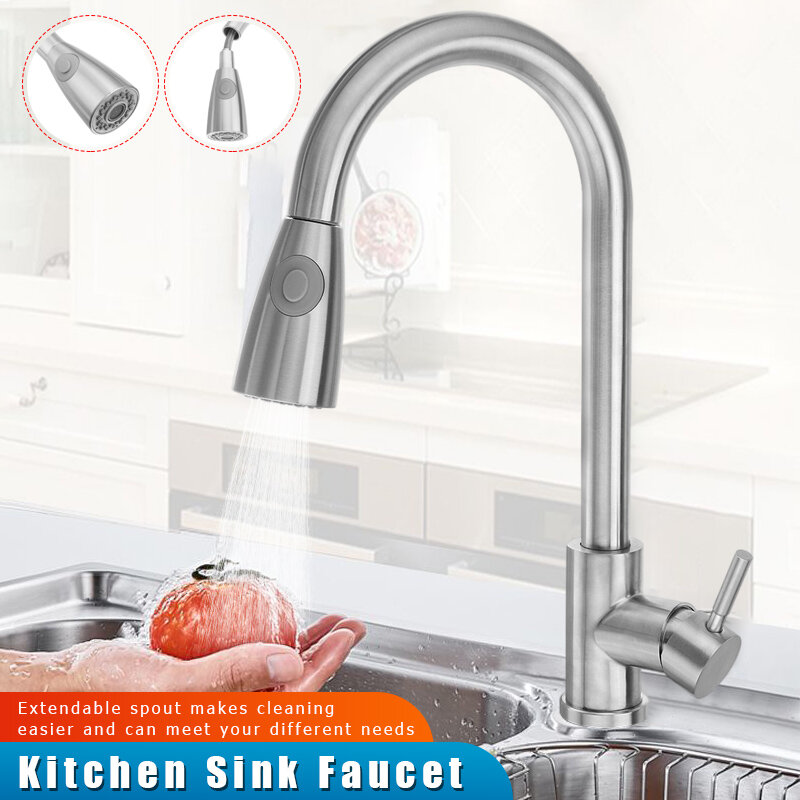 Image of Kitchen Faucet with Pull Down Sprayer Head Two Water Spray Mode Stainless Steel Mixer Tap