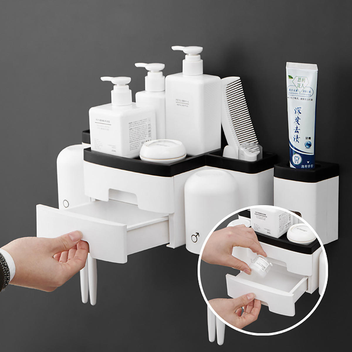Image of Kitchen Shelf Toothbrush Rack Hole-free Mouthwash Cup Bathroom Wall-mounted 2 Drawers Toothbrush Receptacle Rack + Tooth