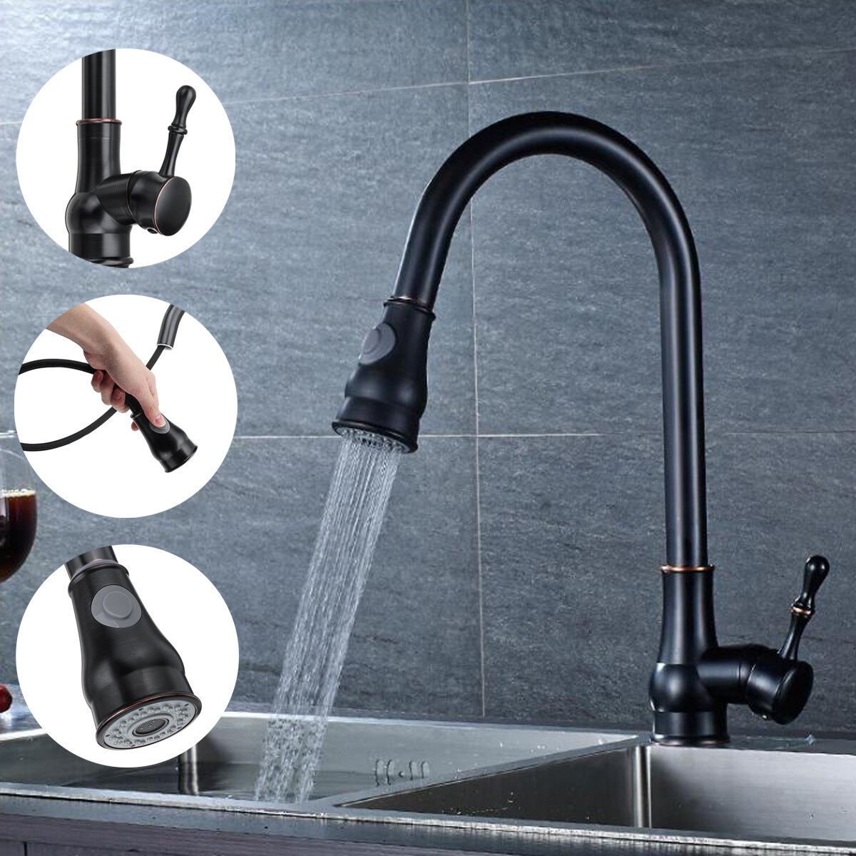 Image of Kitchen Sink Faucet Pull Out Sprayer 360° Rotate Single Handle Mixer Tap Copper