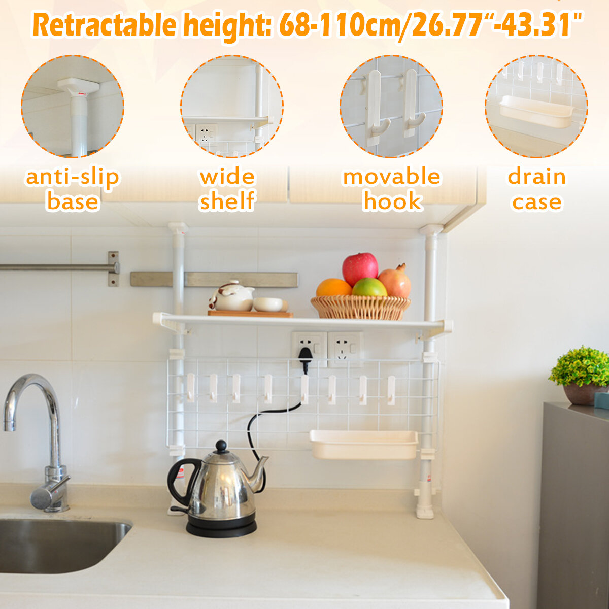 Image of Kitchen Storage Rack Plate Pot Microwave Oven Shelf Drain Retractable Pole with 8 Hooks