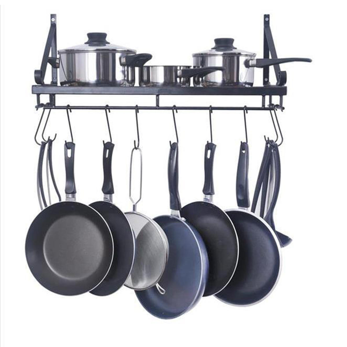 Image of Kitchen Wall Mounted Pot Pan Rack Holder Cookware Storage Shelf Hanger With Hook Kitchen Storage Rack
