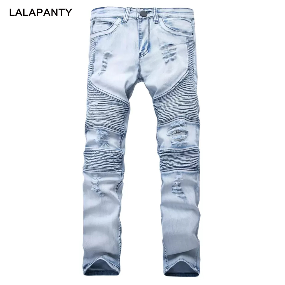 Image of LALAPANTY Clothing Jeans slp Blue/Black Destroyed Mens Slim Denim Straight Biker Skinny jean Men Ripped jeans Pants