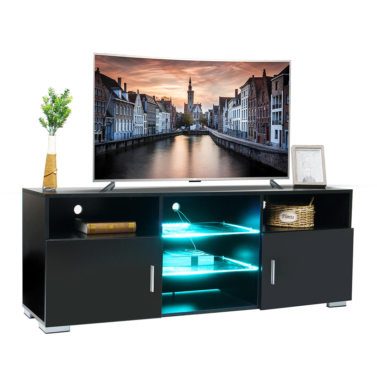 Image of LED TV Cabinet TV Stand 5 Open Layers and 2 Door-push Bookshelf Files Books Storage Shelves with 4 LED Light Modes for L