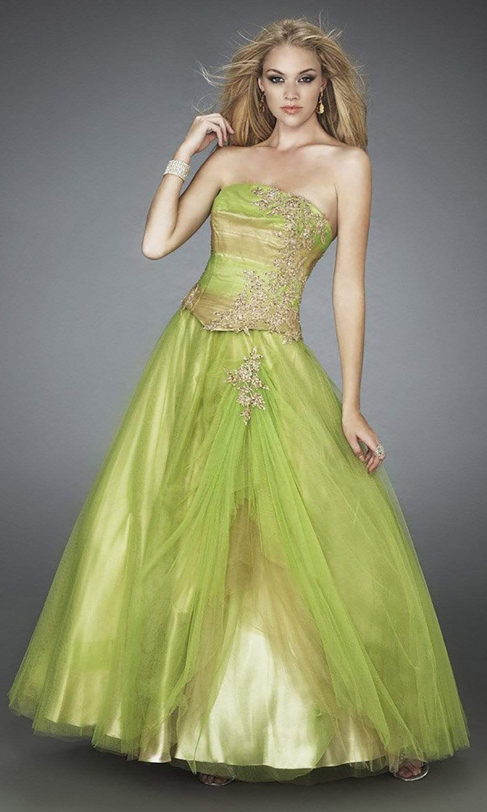 Image of La Femme - 11788 Multi-Toned Lace Appliqued Strapless Ballgown