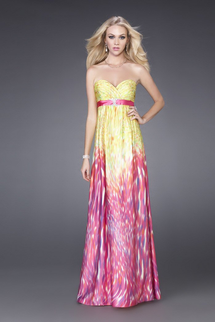Image of La Femme - 15142 Strapless long gown in fresh and fruity hues