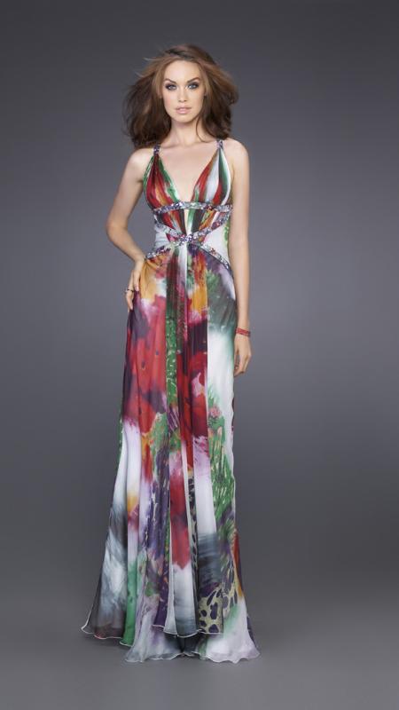 Image of La Femme - 15689 Strappy Back Floral Print Evening Dress
