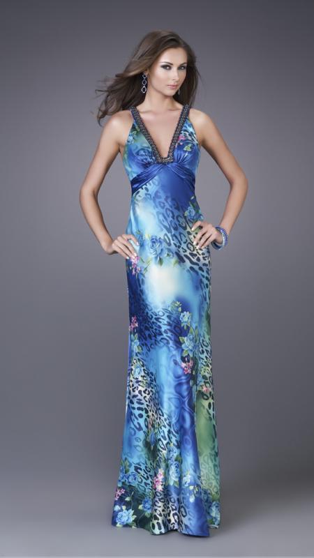 Image of La Femme - 15734 Feisty Floral and Animal Print V-Neck Sheath Gown