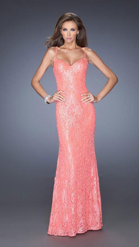 Image of La Femme - 20431 Sequin and Lace Spaghetti Strap Evening Dress