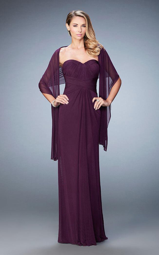 Image of La Femme - 23023 Strapless Ruched Sheath Long Dress with Shawl