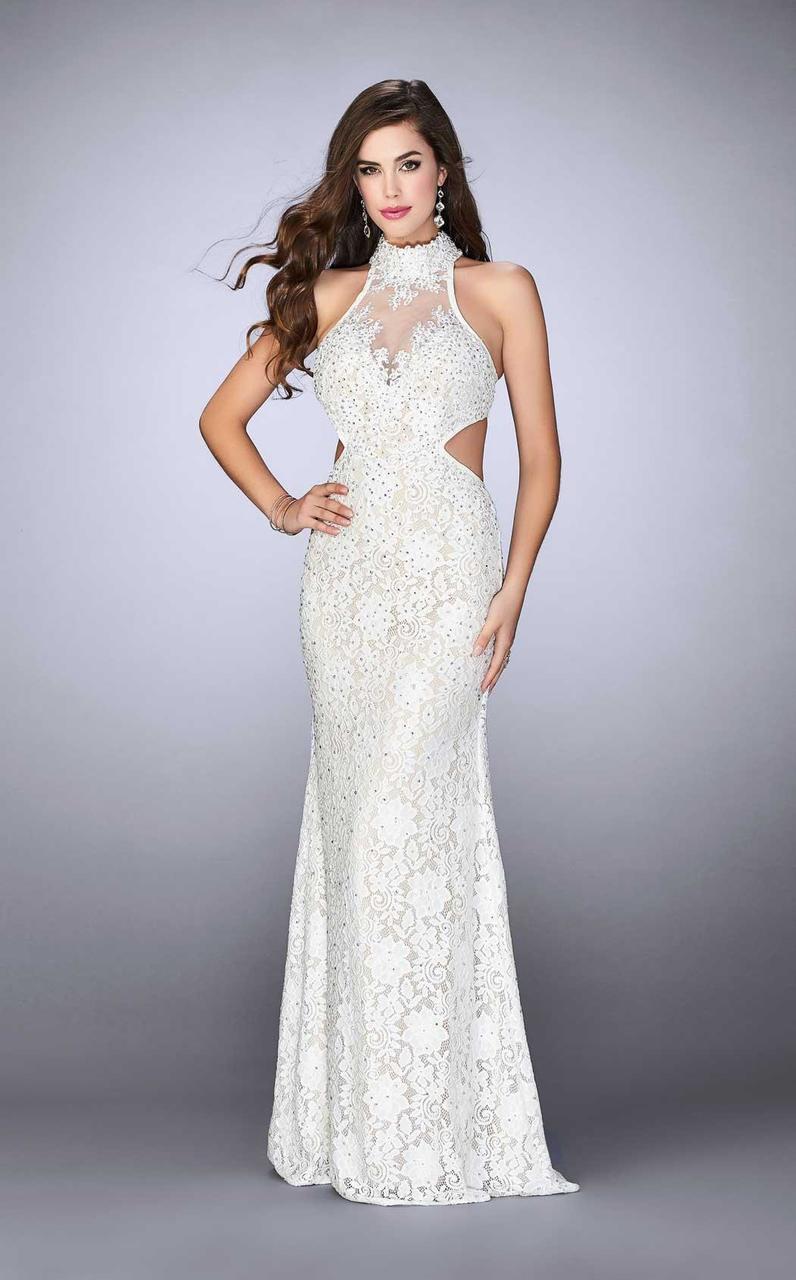 Image of La Femme - 23732 Sleeveless Illusion High Halter Neck Laced Gown
