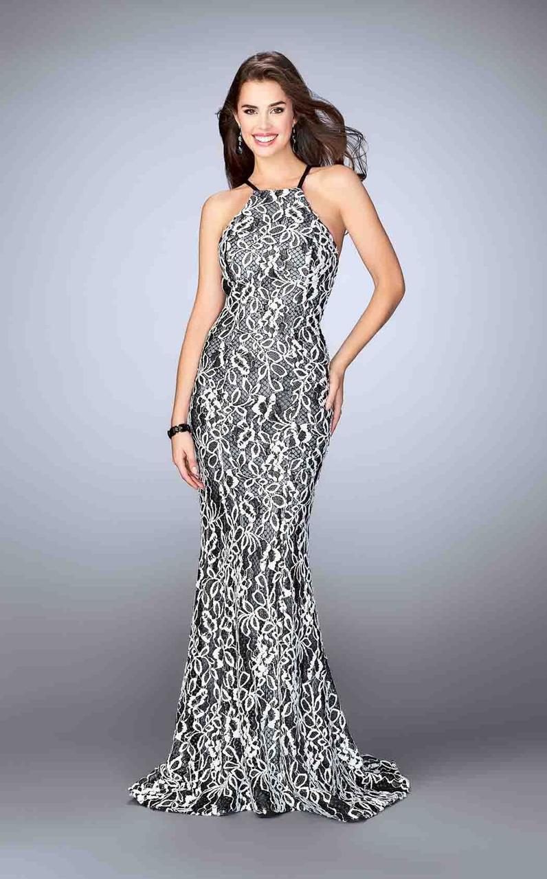 Image of La Femme - 23848 Refined Contrast Lace Halter Long Evening Gown