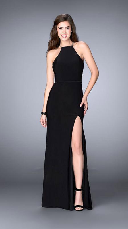 Image of La Femme - 23962 Elegant Beaded High Neck Jersey Dress