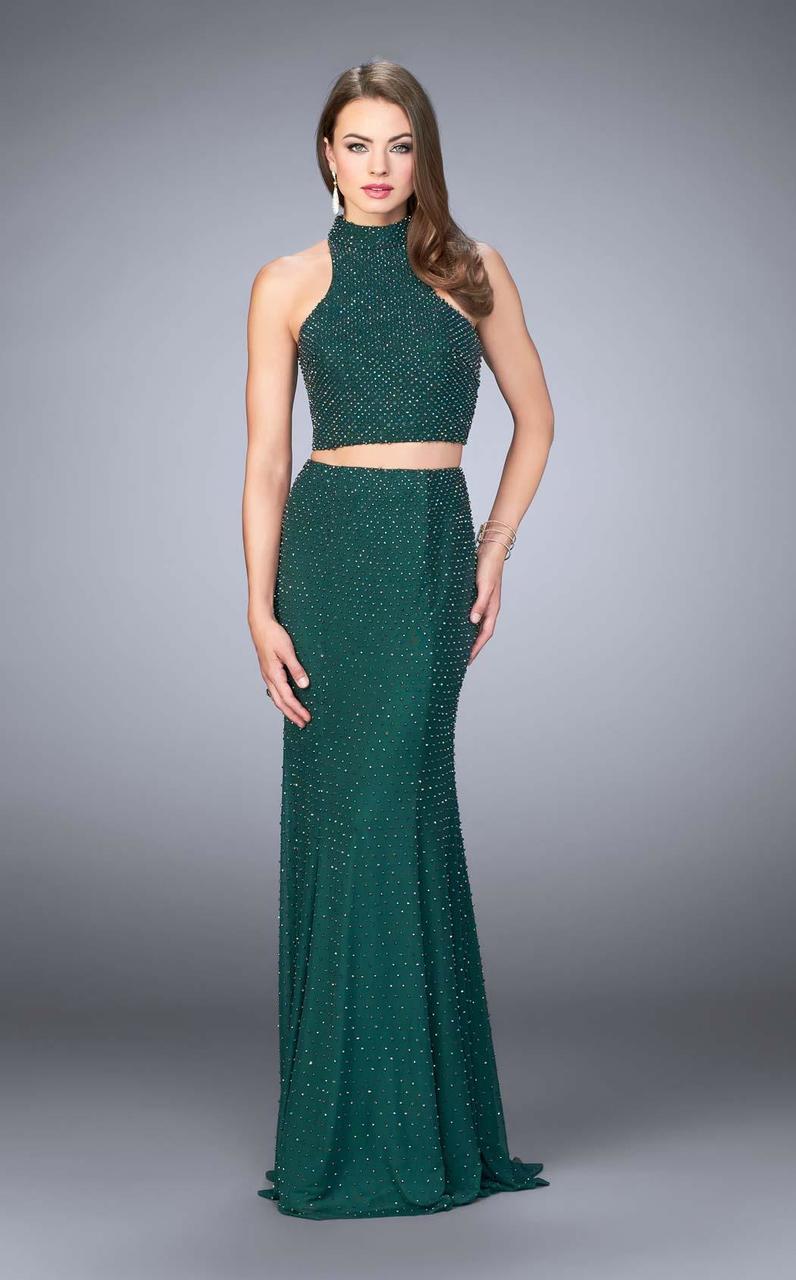 Image of La Femme - 24158 Sophisticated Sparkling Sleeveless Beaded High Neck Two-Piece Dress