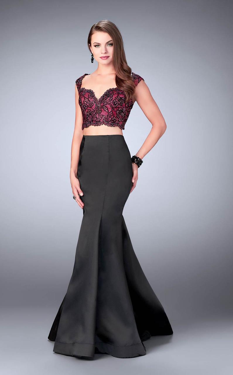 Image of La Femme - 24235 Dramatic Beaded Lace Applique Long Mikado Evening Gown