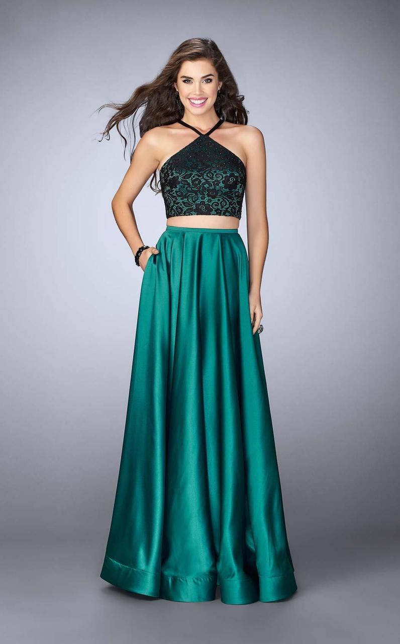 Image of La Femme - 24264 Sleeveless Halter Neck Laced and Satin Two-piece A-line Dress