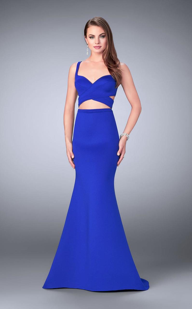 Image of La Femme - 24288 Classy Crisscrossed Crop Top Long Evening Gown