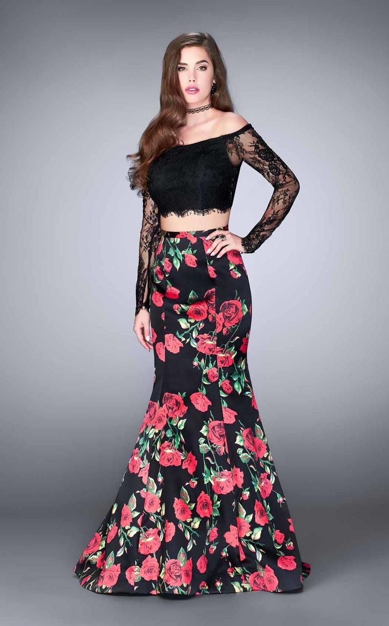Image of La Femme - 24522 Sultry Off The Shoulder Laced Two-piece Floral Mermaid Dress