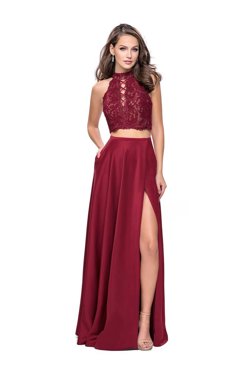 Image of La Femme - 25263 Two-Piece High Halter Lace Up Bodice A-Line Gown