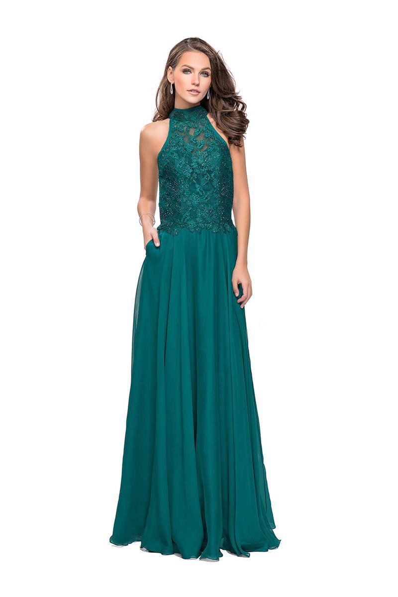 Image of La Femme - 25355 Bejeweled Illusion Halter Lace Chiffon Gown