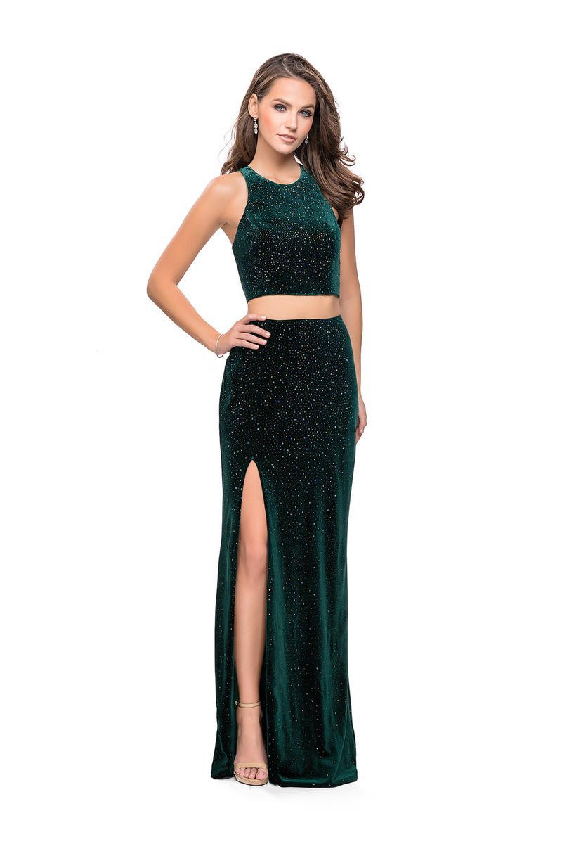 Image of La Femme - 25464 Strappy Two Piece Fitted Slit Dress