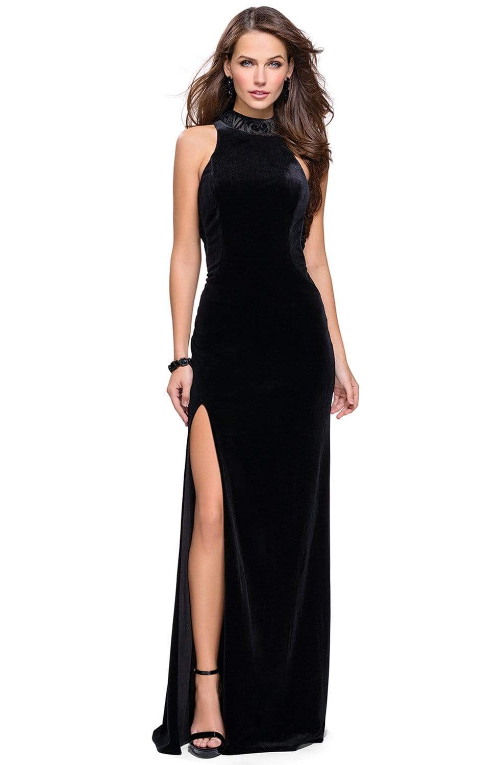 Image of La Femme - 25559 High Neckline Velvet Fitted Gown with Side Slit