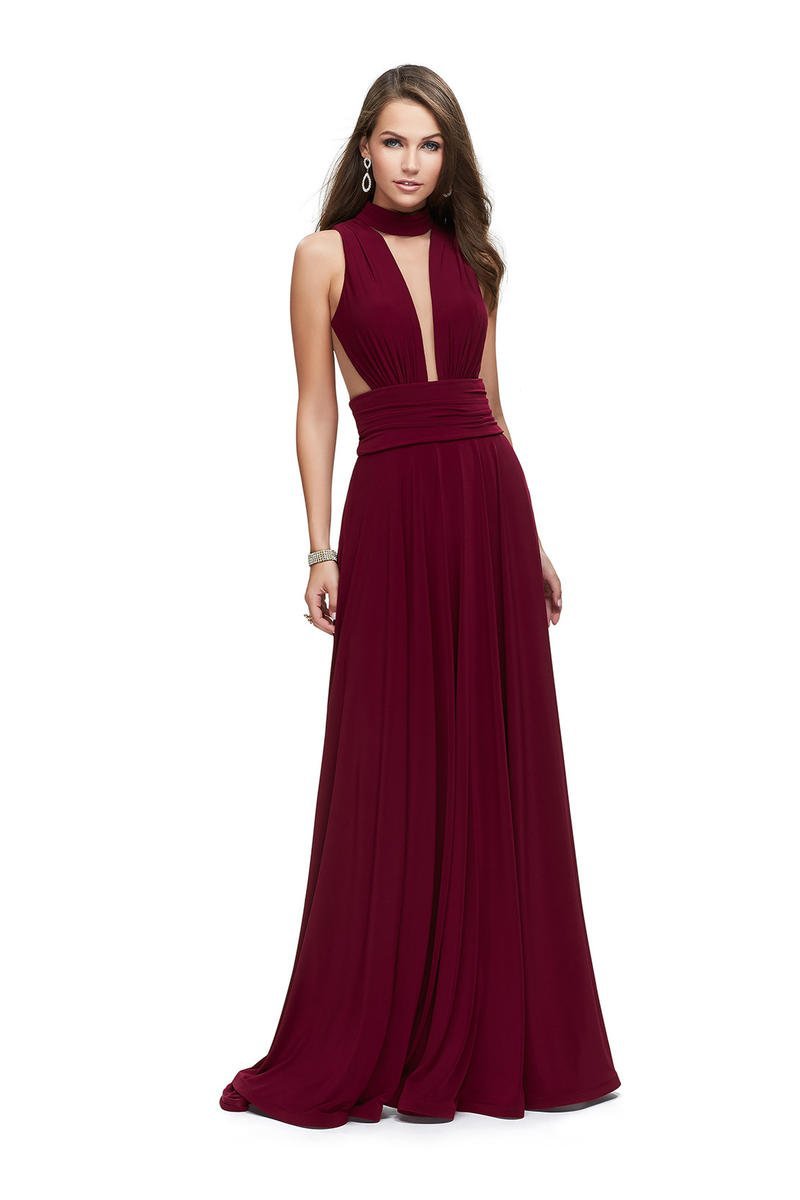 Image of La Femme - 25568 Ruched High Neck Open Back Dress