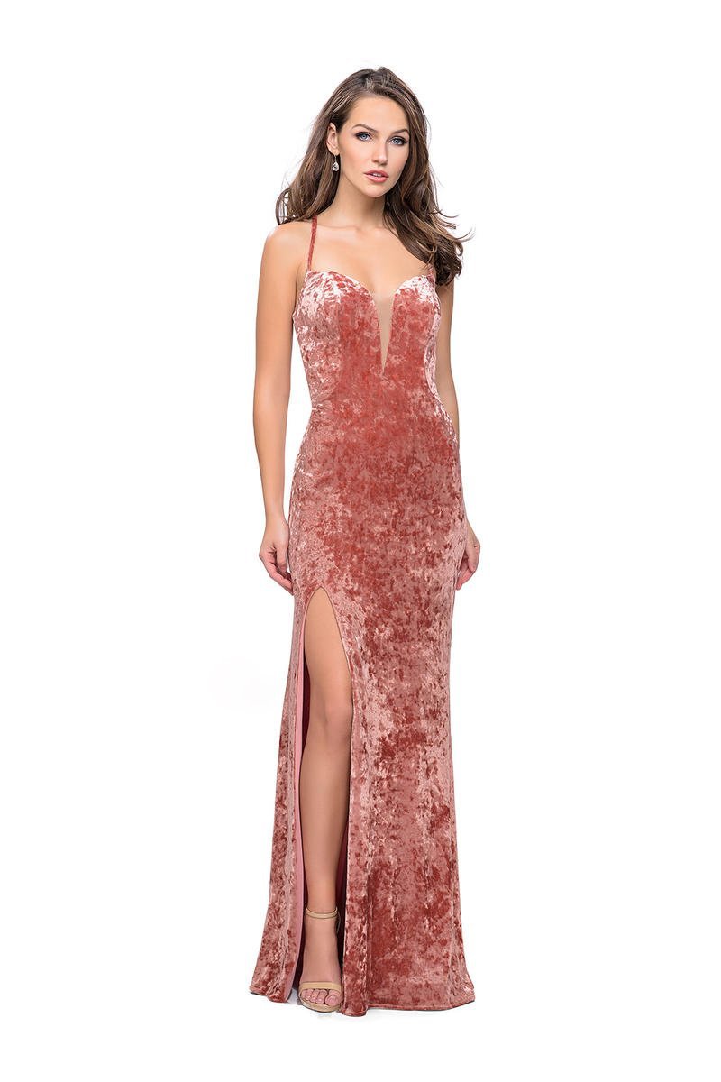 Image of La Femme - 25659 Strappy Plunging Velvet Slit Dress