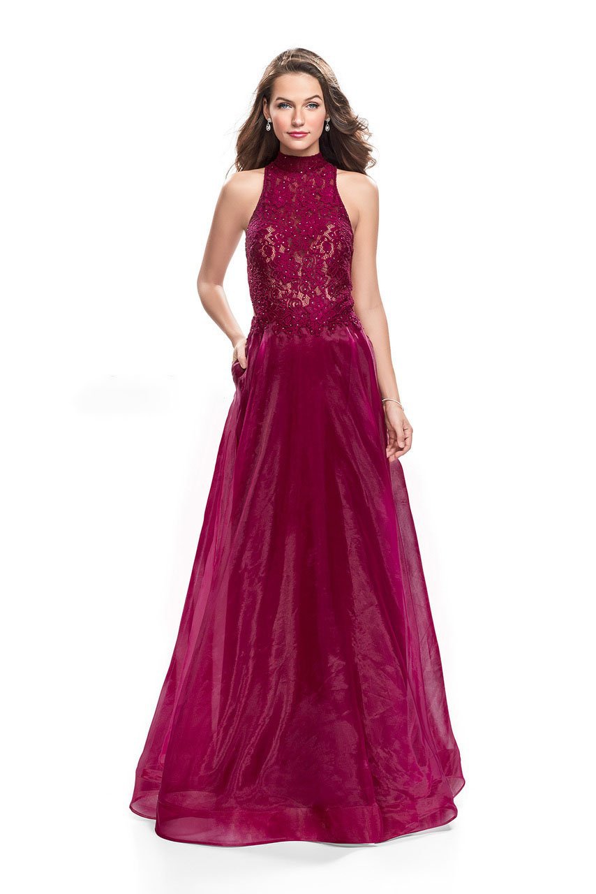 Image of La Femme - 25664 Beaded Lace High Halter Organza Dress
