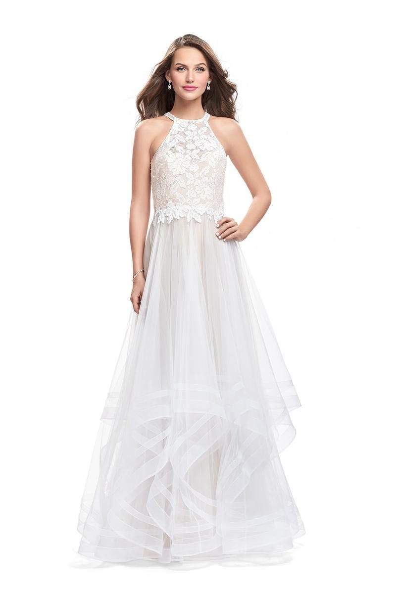Image of La Femme - 25671 High Halter Lace Bodice Tiered Tulle Gown