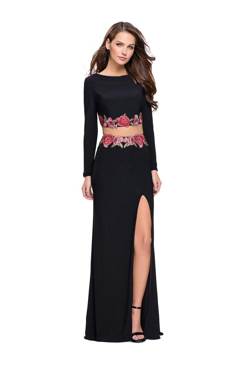 Image of La Femme - 25695 Long Sleeve Flower Trimmed Jersey Evening Gown