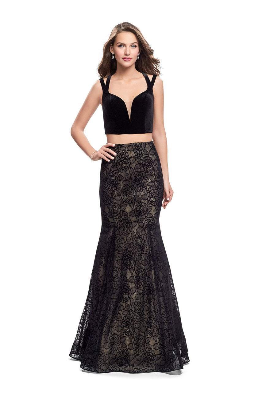 Image of La Femme - 25772 Two Piece Velvet Strappy Lace Mermaid Gown