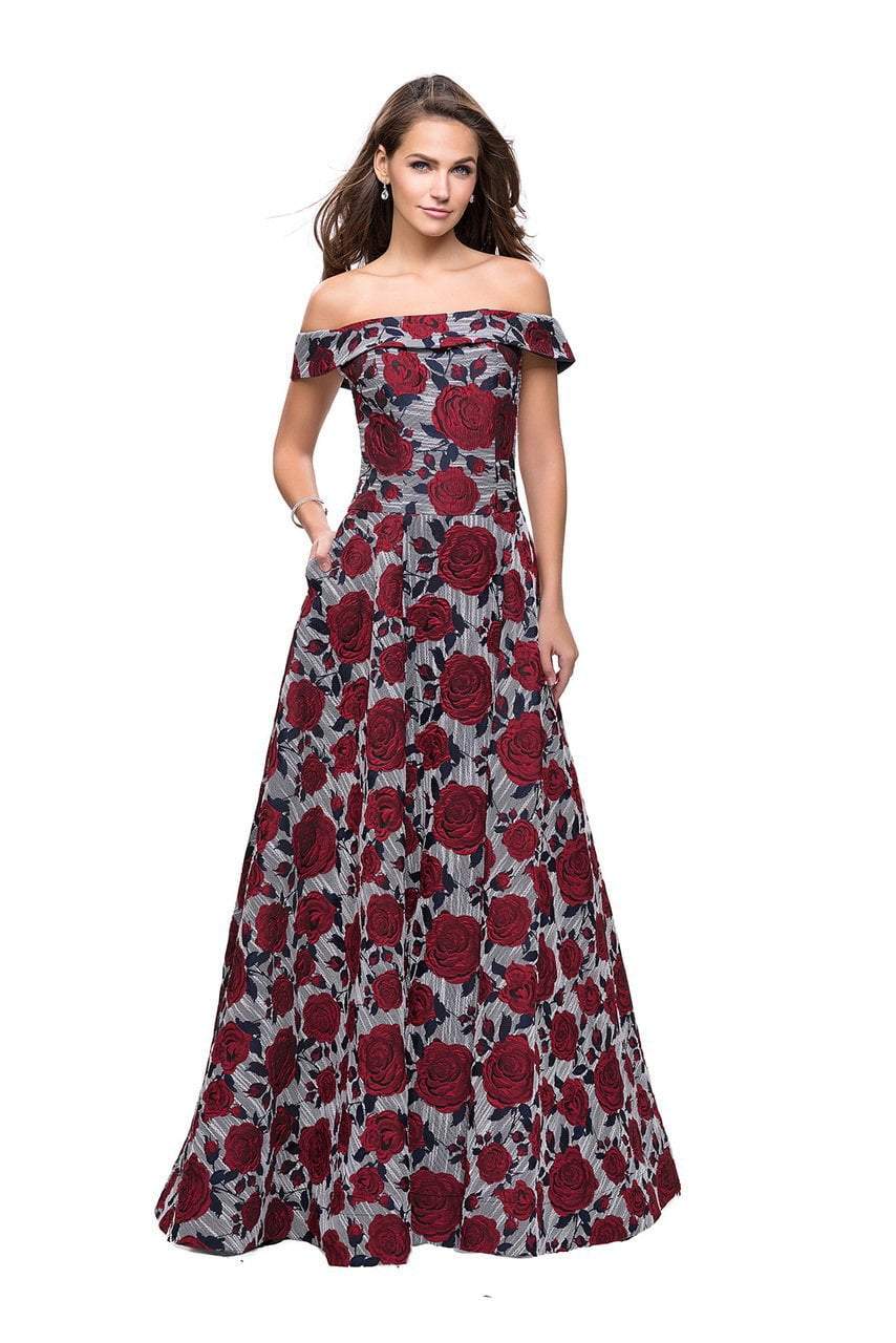 Image of La Femme - 25790 Off the Shoulder Floral Print Jacquard Gown